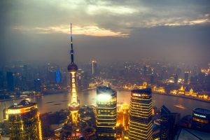 urban, Shanghai, City, Building, River, Clouds, Lights