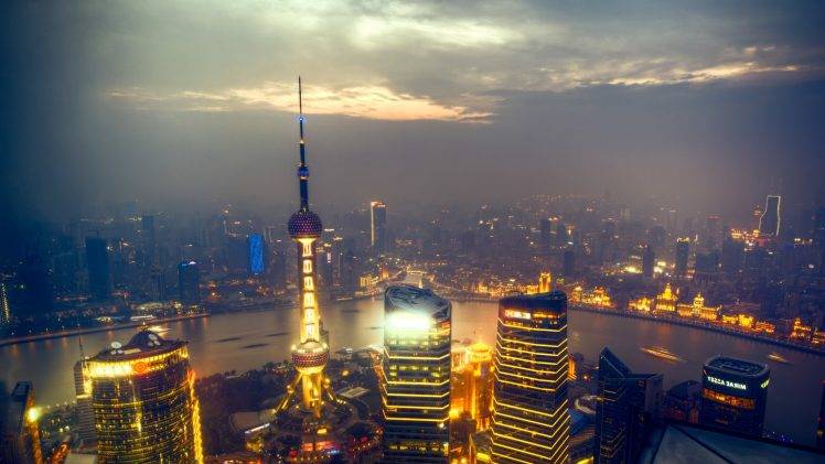 urban, Shanghai, City, Building, River, Clouds, Lights HD Wallpaper Desktop Background