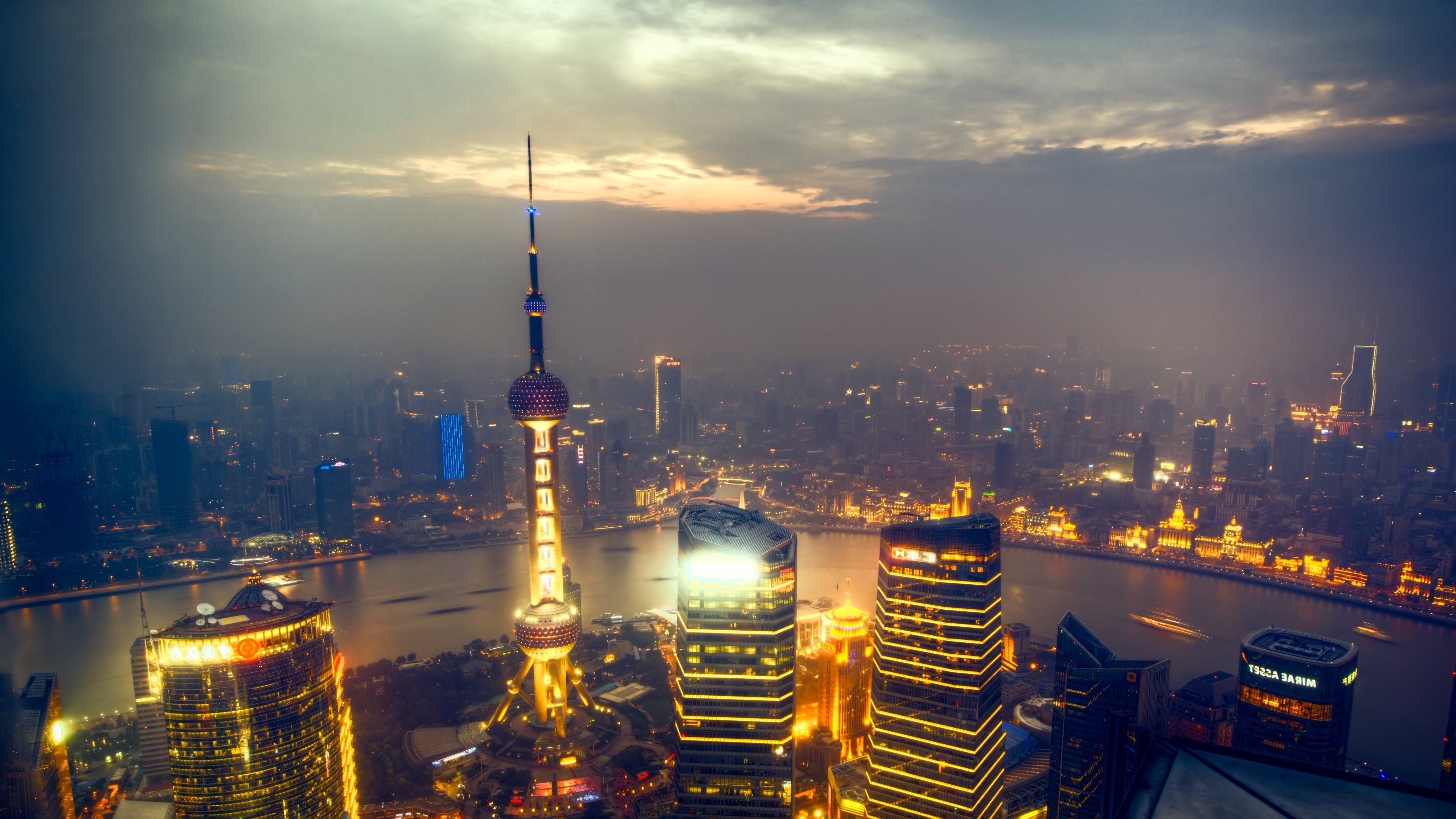 urban, Shanghai, City, Building, River, Clouds, Lights Wallpaper