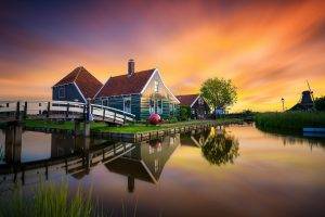 Netherlands, River, Mill, House, Sunset, Bridge, Zaanse Schans