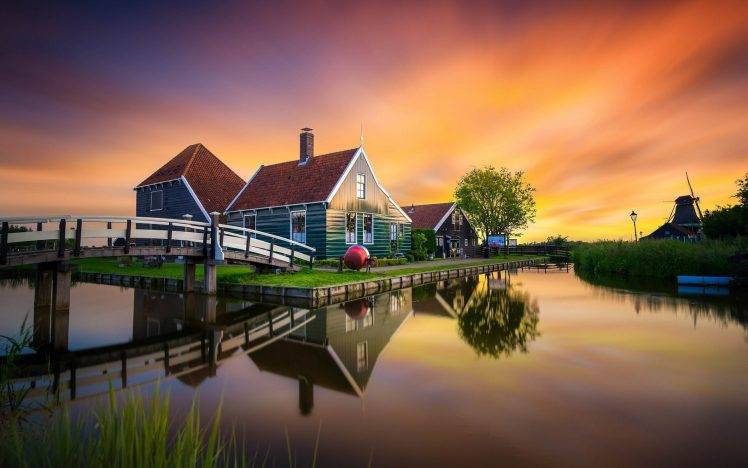 Netherlands, River, Mill, House, Sunset, Bridge, Zaanse Schans HD Wallpaper Desktop Background