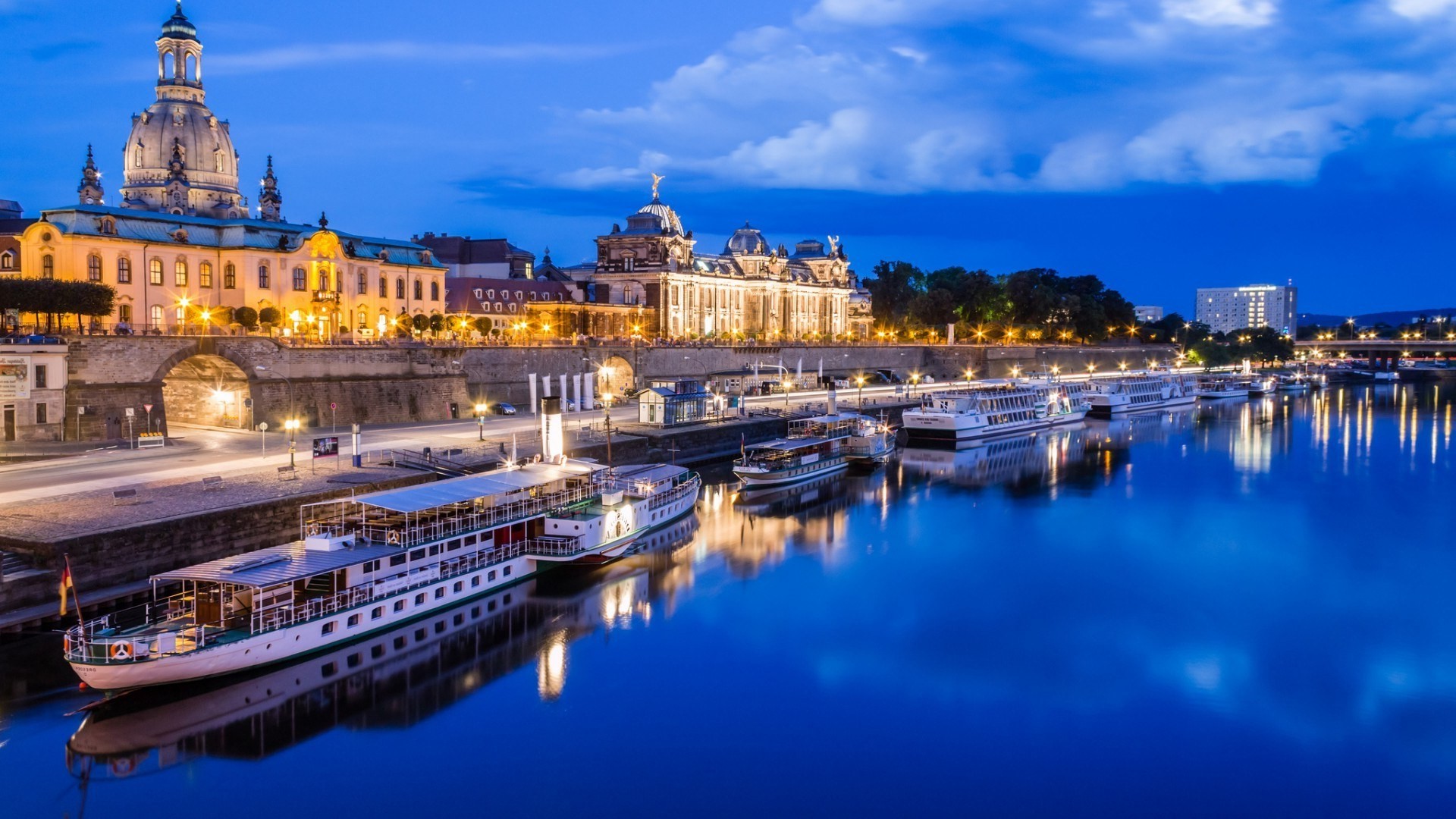 architecture, Building, Evening, Lights, City, Cityscape, Clouds, Dresden, Germany, River, Ship, Boats, Cruise Ship, Cathedral, Old Building, Reflection, Tunnel, Bridge, Trees, House, Canaletto Wallpaper