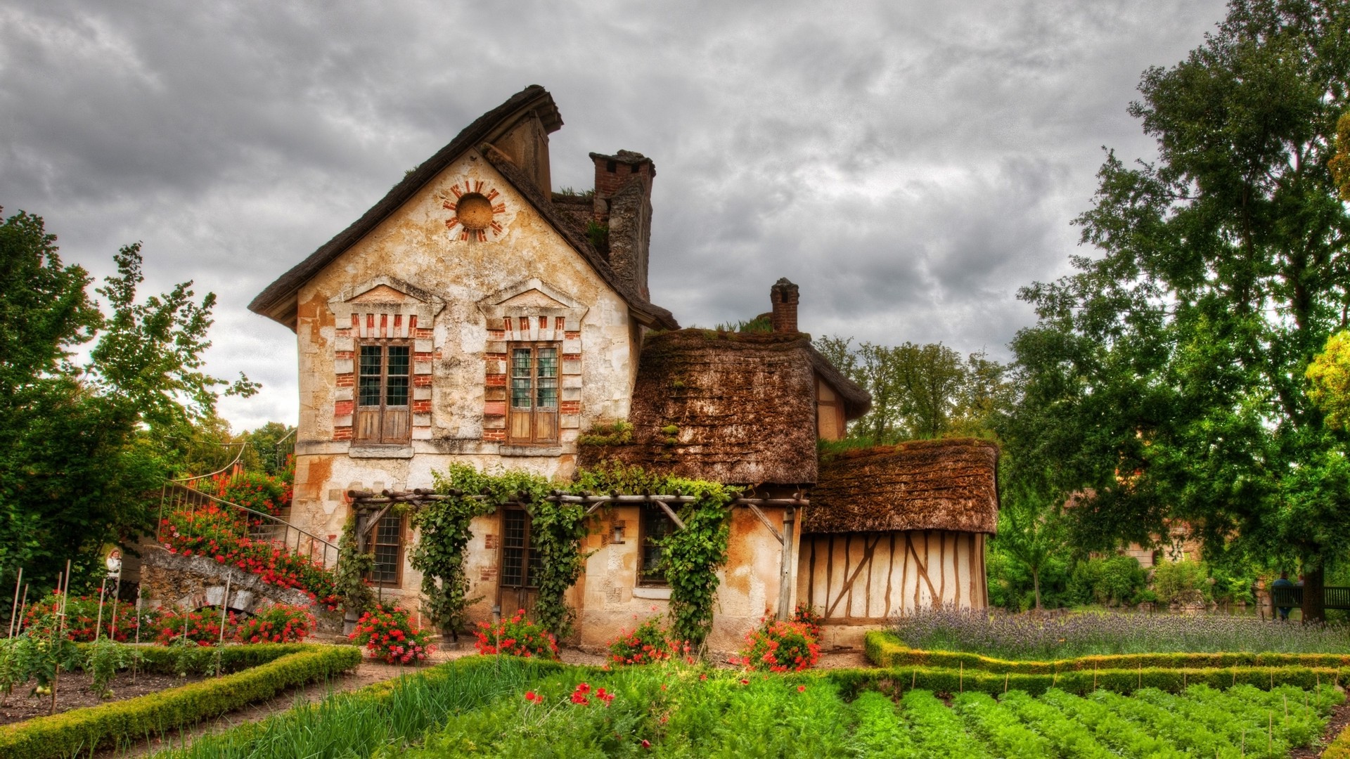 architecture, Old Building, House, HDR, Nature, Garden, Flowers, Plants, Trees, Clouds, France, Stairs, Door, Window, Chimneys Wallpaper