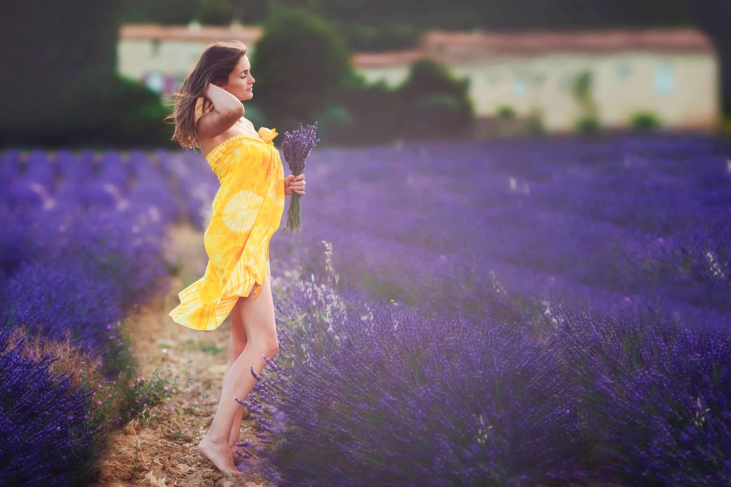 women, Brunette, Women Outdoors, Field, Flowers, Lavender, Yellow Dress, Purple Flowers Wallpaper