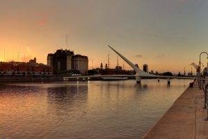 architecture, City, Cityscape, Bridge, River, Building, Ship, Buenos Aires, Argentina, Sunset, Fence, Cranes (machine), Ropes