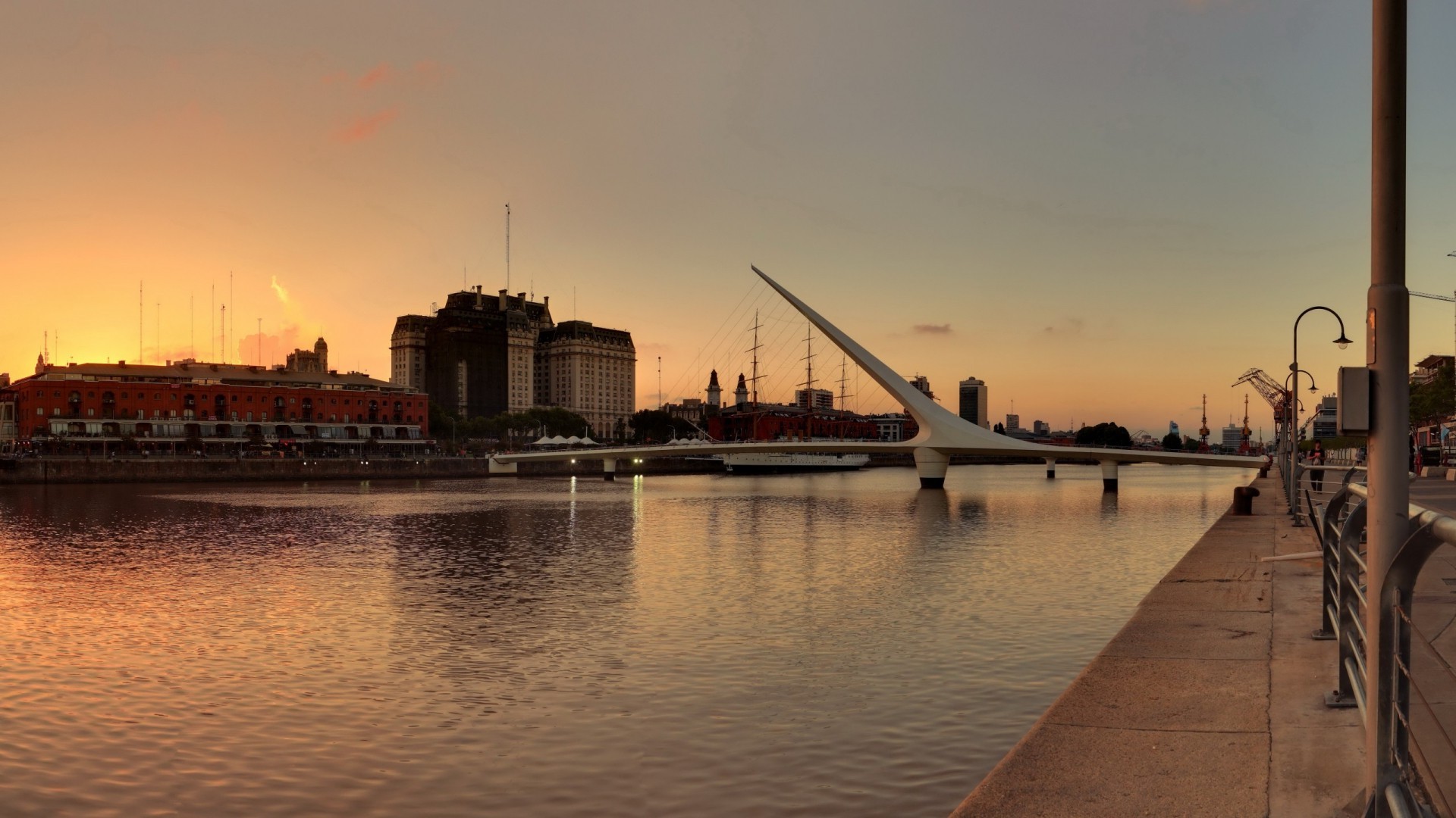 architecture, City, Cityscape, Bridge, River, Building, Ship, Buenos Aires, Argentina, Sunset, Fence, Cranes (machine), Ropes Wallpaper