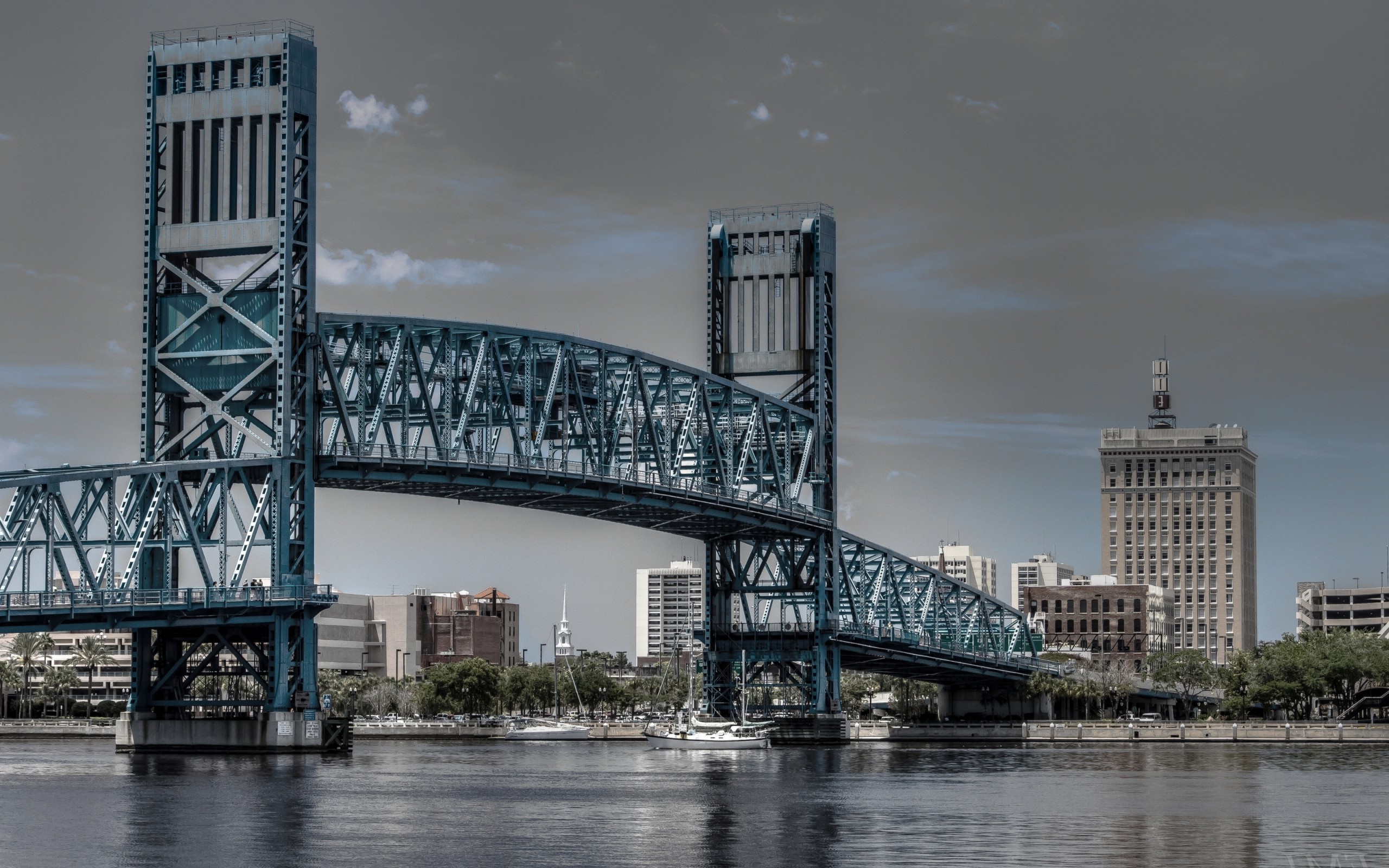 architecture, City, Cityscape, Bridge, River, Building, Ship, Jacksonville, Florida, USA, Yacht, Clouds, Trees, Metal Wallpaper
