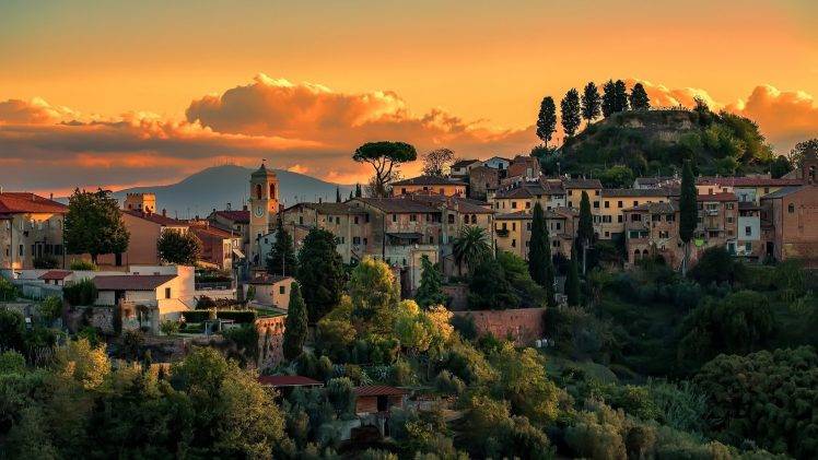 architecture, Building, House, Nature, Italy, Church, Trees, Clouds, Sunset, Hill, Tower, Old Building, History HD Wallpaper Desktop Background