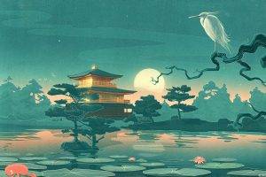 nature, Trees, Branch, Animals, Birds, Asian Architecture, House, Moon, Water, Lake, Leaves, Night, Stars, Water Lilies, Artwork, Japanese, Drawing, Forest