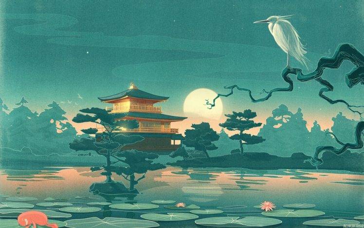 nature, Trees, Branch, Animals, Birds, Asian Architecture, House, Moon, Water, Lake, Leaves, Night, Stars, Water Lilies, Artwork, Japanese, Drawing, Forest HD Wallpaper Desktop Background