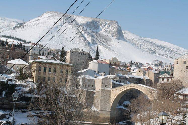 Mostar, Old Bridge, Winter, Snow, Ottoman Empire, Ottoman, Mosque, Bosnia And Herzegovina, River, Neretva HD Wallpaper Desktop Background