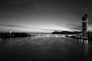 photography, Urban, Cityscape, River, Bridge, Monochrome, Vienna