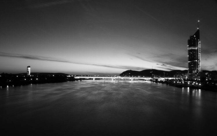 photography, Urban, Cityscape, River, Bridge, Monochrome, Vienna HD Wallpaper Desktop Background