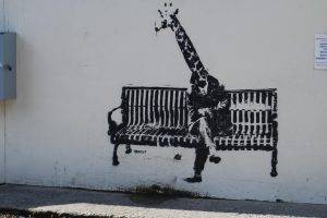 artwork, Animals, Graffiti, Walls, Banksy, Bench, Sitting, Legs, Giraffes, Shadow, Street Art
