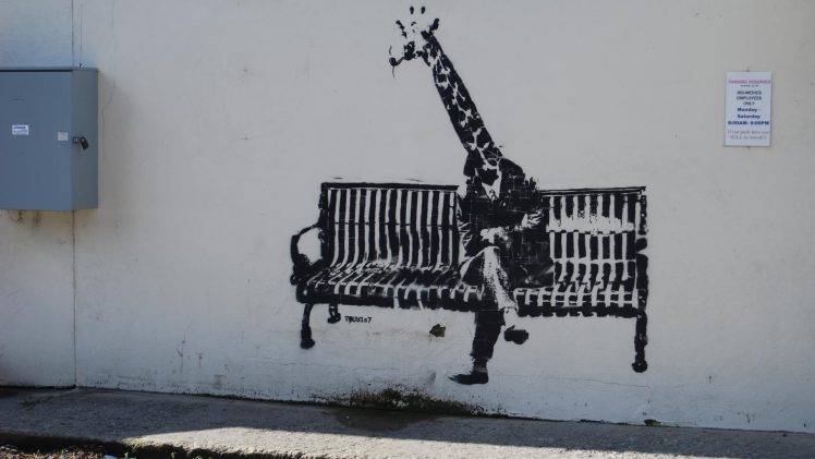 artwork, Animals, Graffiti, Walls, Banksy, Bench, Sitting, Legs, Giraffes, Shadow, Street Art HD Wallpaper Desktop Background