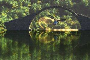 nature, Digital Art, Water, Bridge, Stones, Palm Trees, Helicopters, Forest, Lake, Reflection, Circle, Vertical, Propeller, Flying