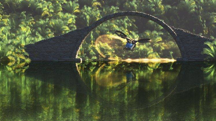 nature, Digital Art, Water, Bridge, Stones, Palm Trees, Helicopters, Forest, Lake, Reflection, Circle, Vertical, Propeller, Flying HD Wallpaper Desktop Background