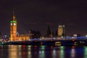 city, London, Big Ben, Westminster, Night, City Lights, Long Exposure, River Thames