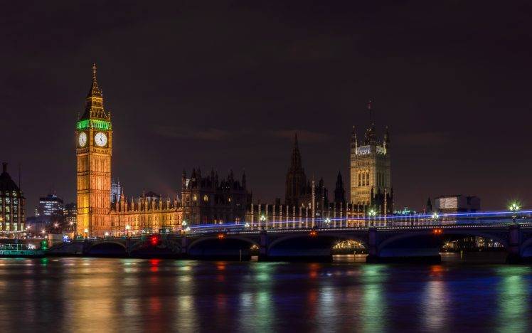 city, London, Big Ben, Westminster, Night, City Lights, Long Exposure, River Thames HD Wallpaper Desktop Background