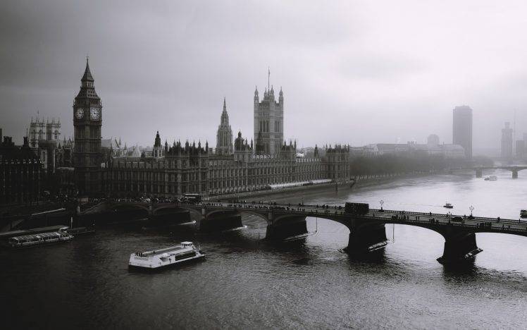 photography, Water, Bridge, Architecture, Building, Urban, City, Monochrome, London, Mist, Big Ben, River Thames, River, United Kingdom HD Wallpaper Desktop Background