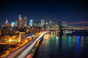 cityscape, New York City, Long Exposure, USA, Brooklyn Bridge, West Side Highway, Night, Lights, City, Road, River, Bridge, Skyscraper, Stars, Light Trails