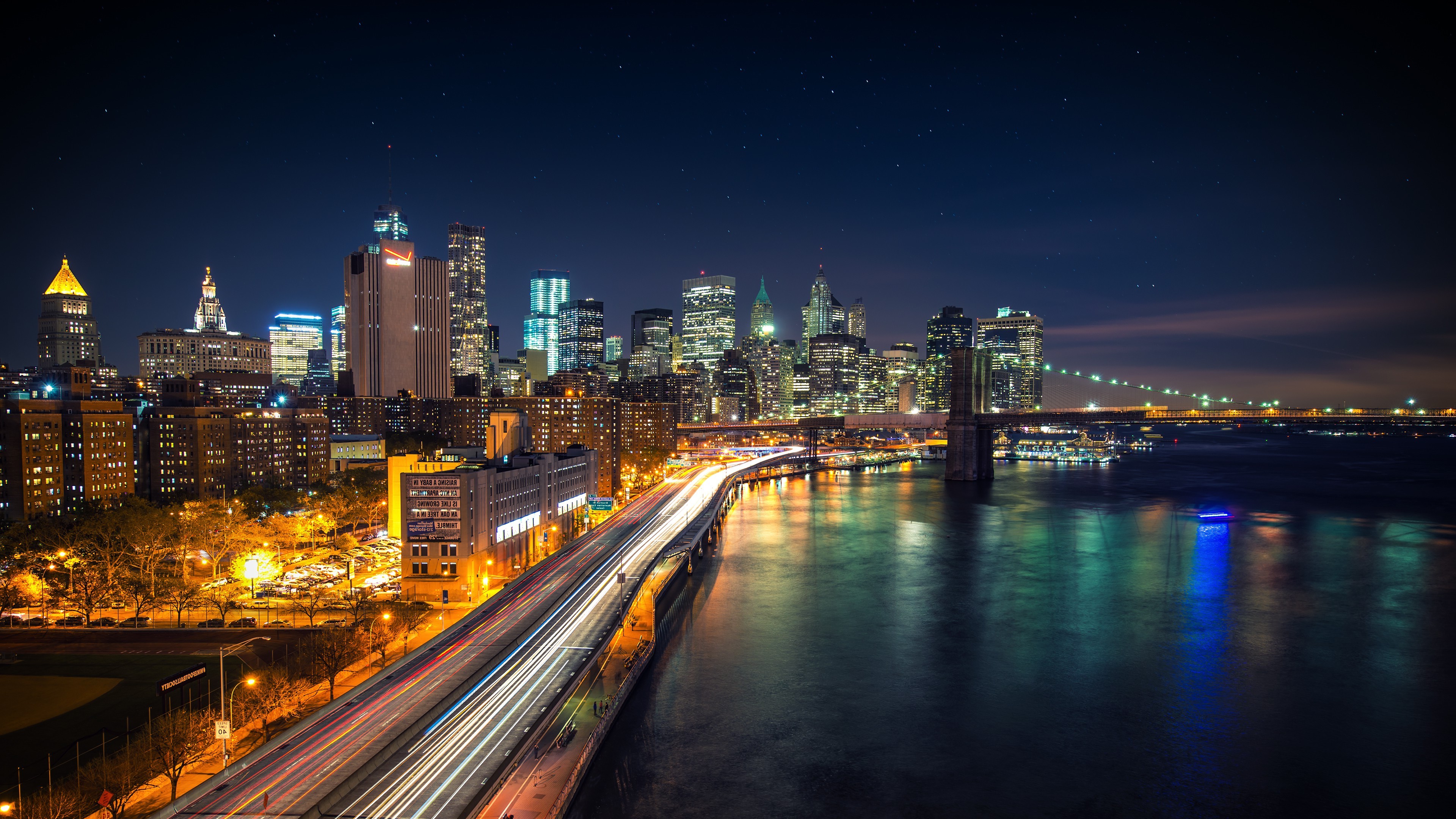 cityscape, New York City, Long Exposure, USA, Brooklyn Bridge, West Side Highway, Night, Lights, City, Road, River, Bridge, Skyscraper, Stars, Light Trails Wallpaper