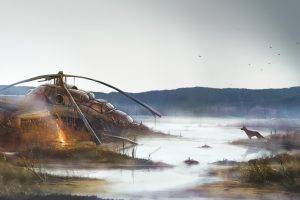 digital Art, Nature, Helicopters, Wreck, Apocalyptic, Animals, Dog, Fire, Mist, Plants, Birds, S.T.A.L.K.E.R., Video Games, Fan Art