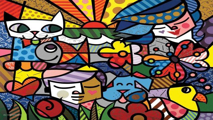 face, Heart, Colorful, Digital Art, Artwork, Animals, Flowers, Cat, Dog, Birds, Fish, Leaves, Sun, Dots, Butterfly, Stripes HD Wallpaper Desktop Background
