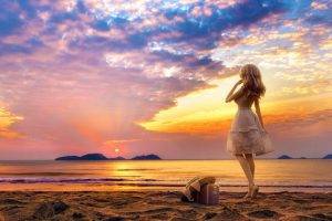 blonde, Long Hair, Nature, Water, Doll, Miniatures, White Dress, Sea, Sand, Beach, Sunset, Clouds, Hat, Suitcase, Toys