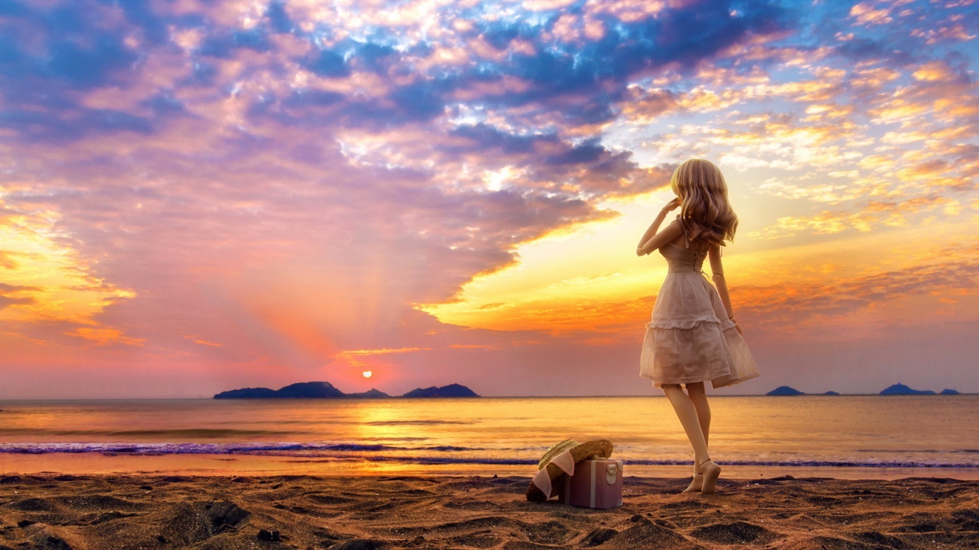 blonde, Long Hair, Nature, Water, Doll, Miniatures, White Dress, Sea, Sand, Beach, Sunset, Clouds, Hat, Suitcase, Toys Wallpaper