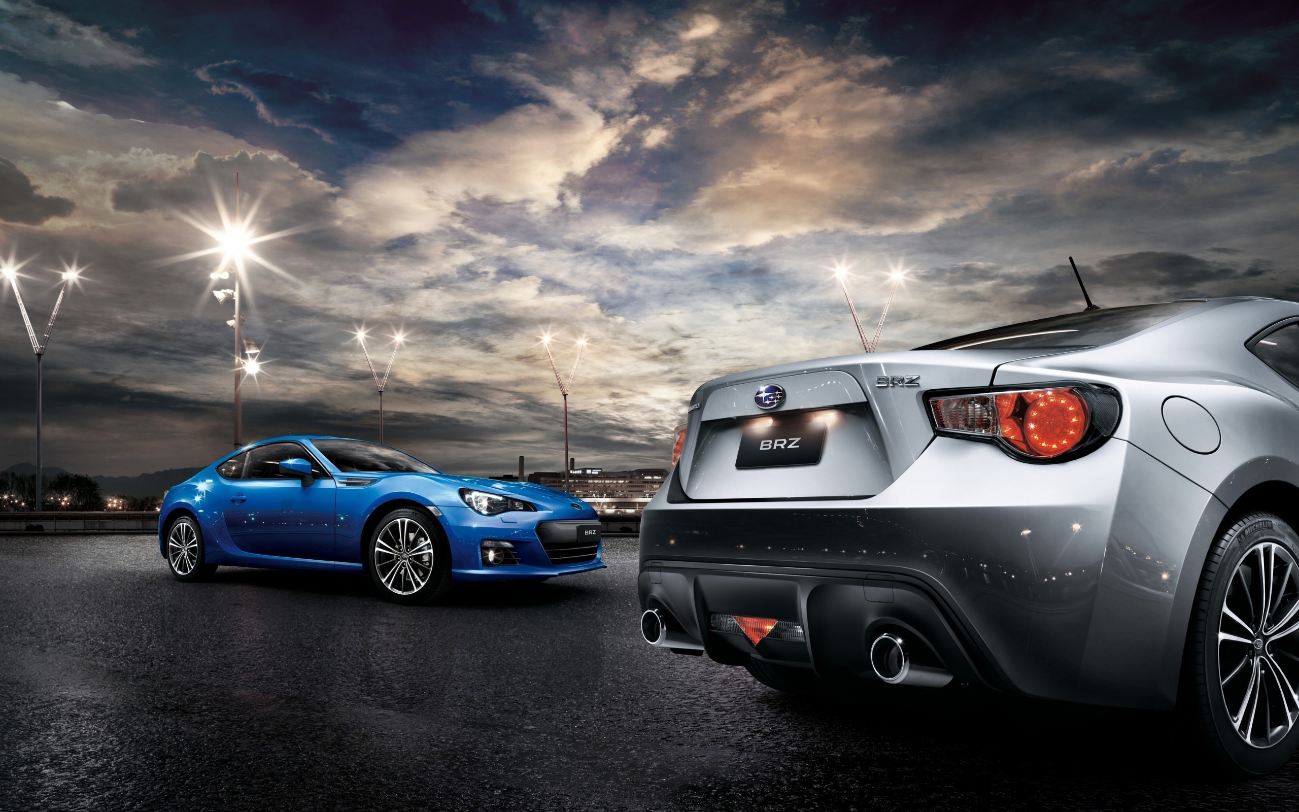 Subaru BRZ, Race Tracks, Sunset, Clouds, Vehicle, Car, Lights Wallpaper