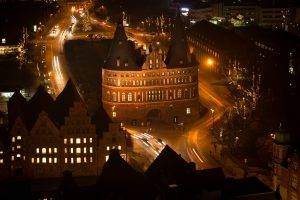 city, Cityscape, Architecture, Street, Night, Lights, Street Light, Old Building, Tower, Lübeck, Germany, Light Trails, Church, Long Exposure, Birds Eye View, Rooftops, Car, Traffic, Trees