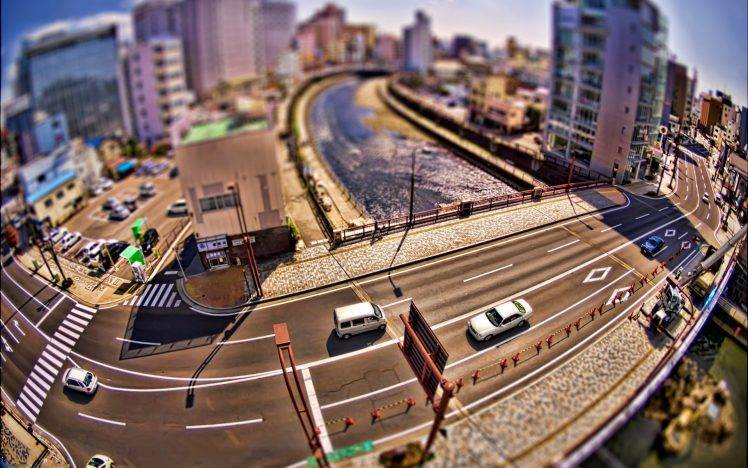 city, Road, Car, Bridge, River, Street, Fisheye Lens, Tilt Shift, Japan HD Wallpaper Desktop Background