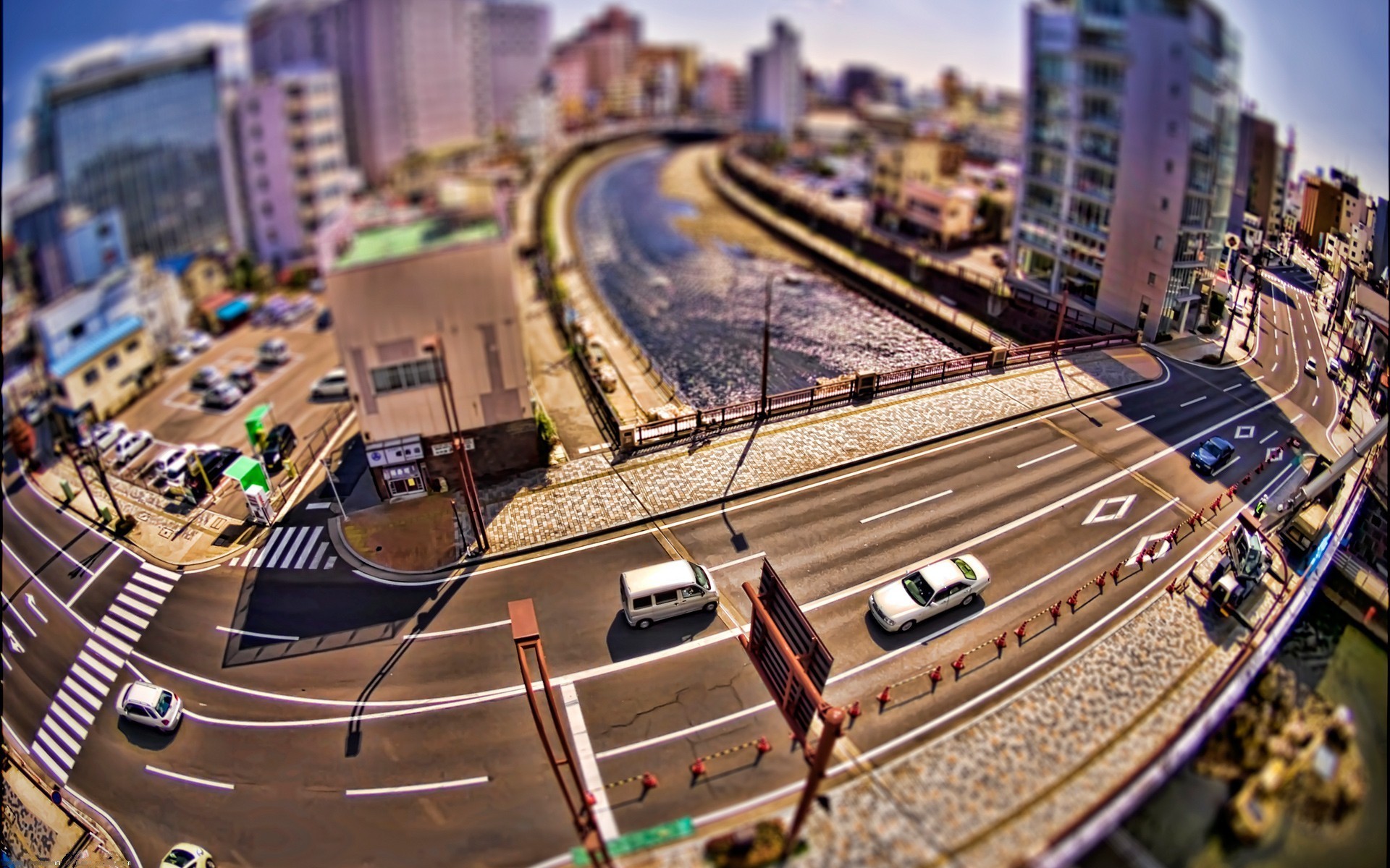 city, Road, Car, Bridge, River, Street, Fisheye Lens, Tilt Shift, Japan Wallpaper