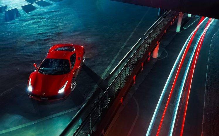 Ferrari 488 GTB, Car, Vehicle, Long Exposure, Night HD Wallpaper Desktop Background
