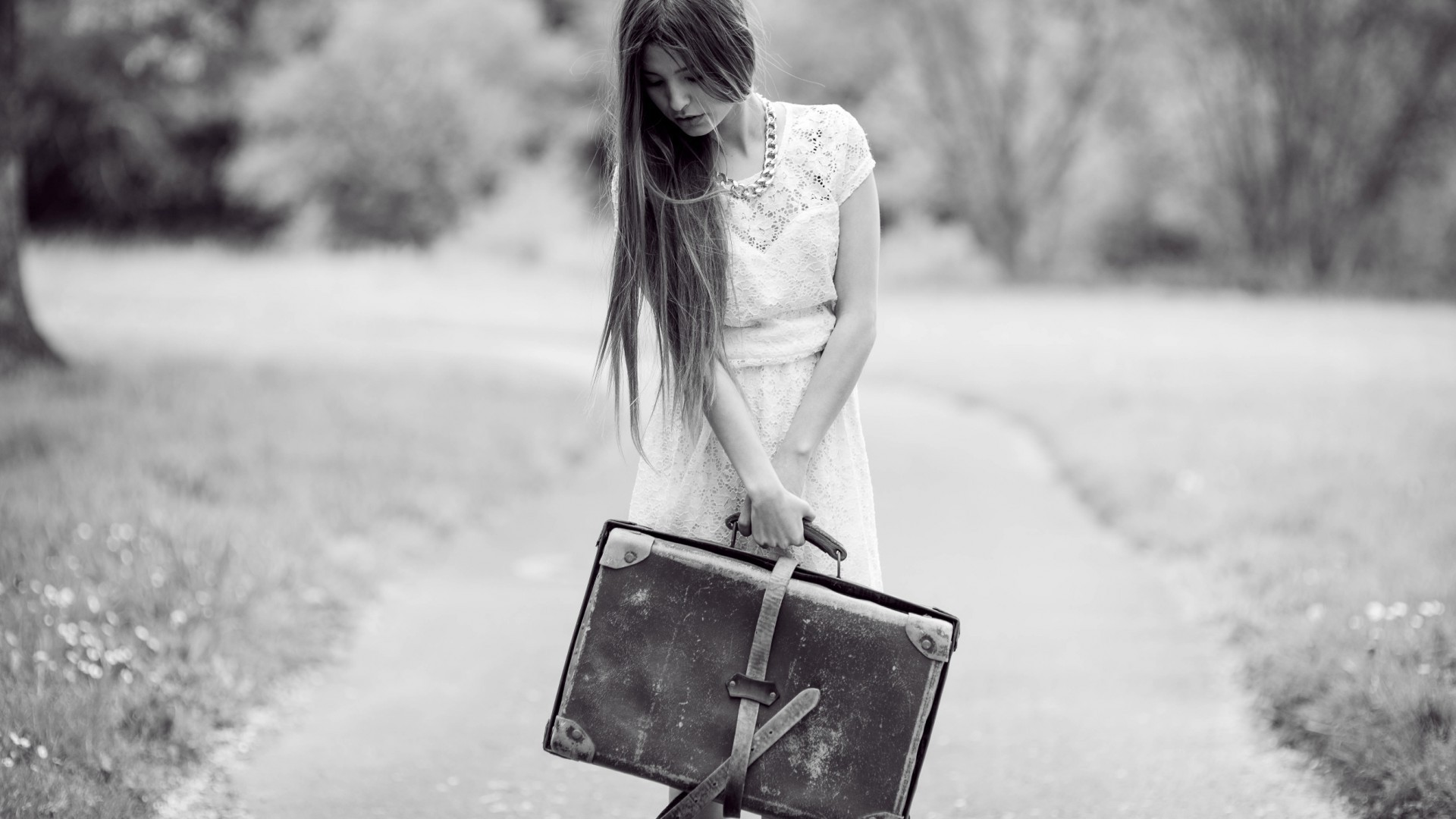 women, Monochrome, White Dress, Suitcases Wallpaper