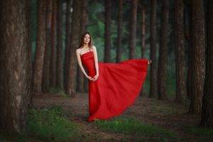 trees, Women, Red Dress