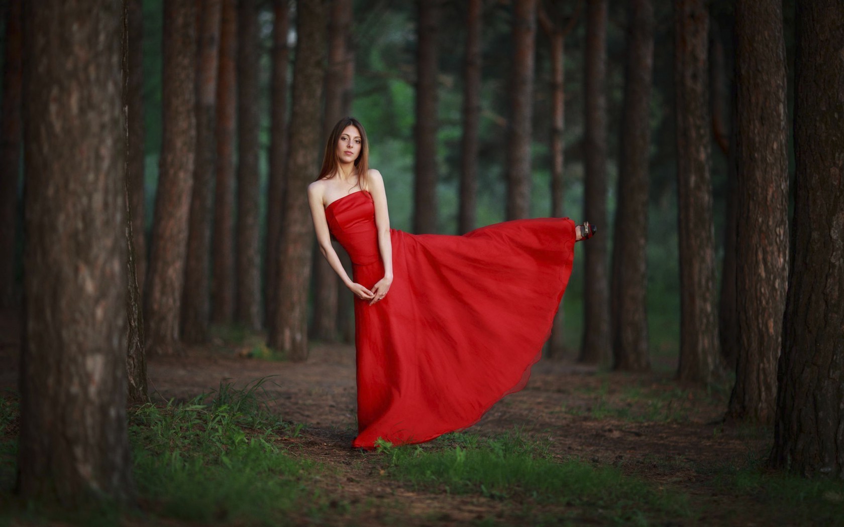 trees, Women, Red Dress Wallpaper