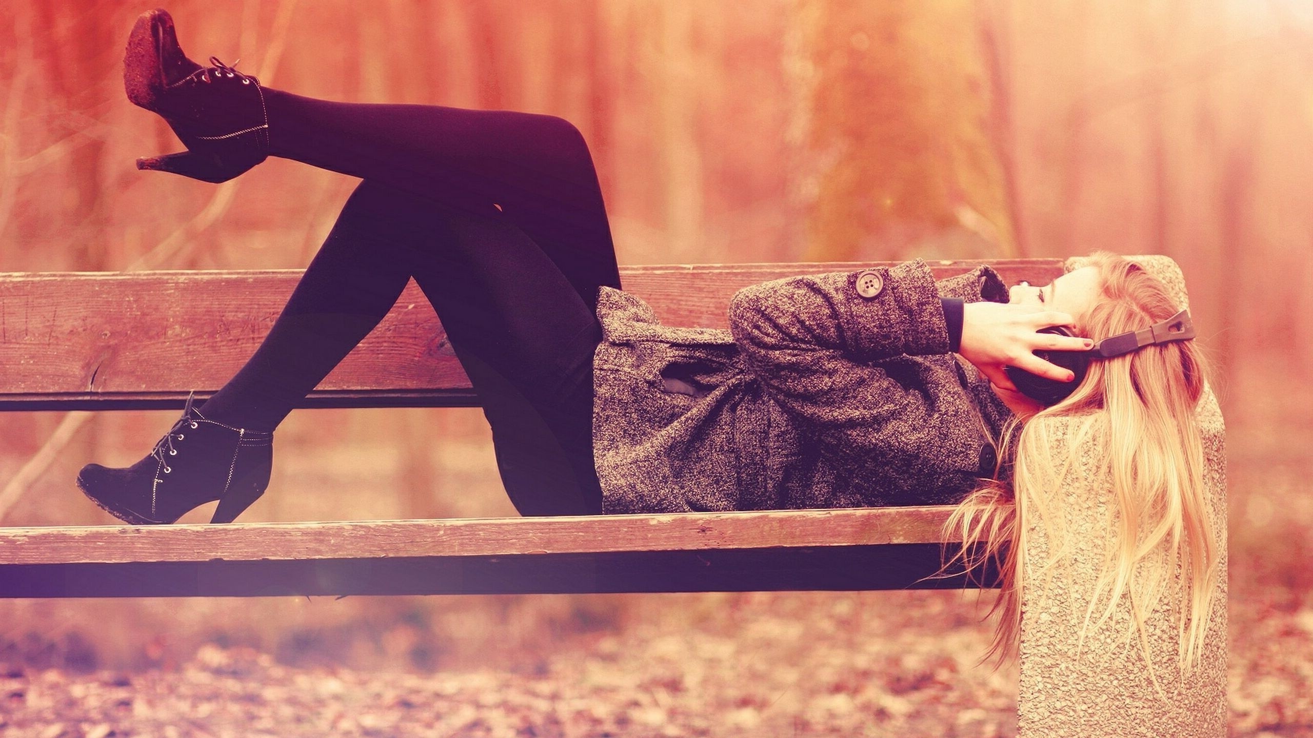 headphones, Leggings, Heels, Jacket, Fall, Colorized Photos Wallpaper