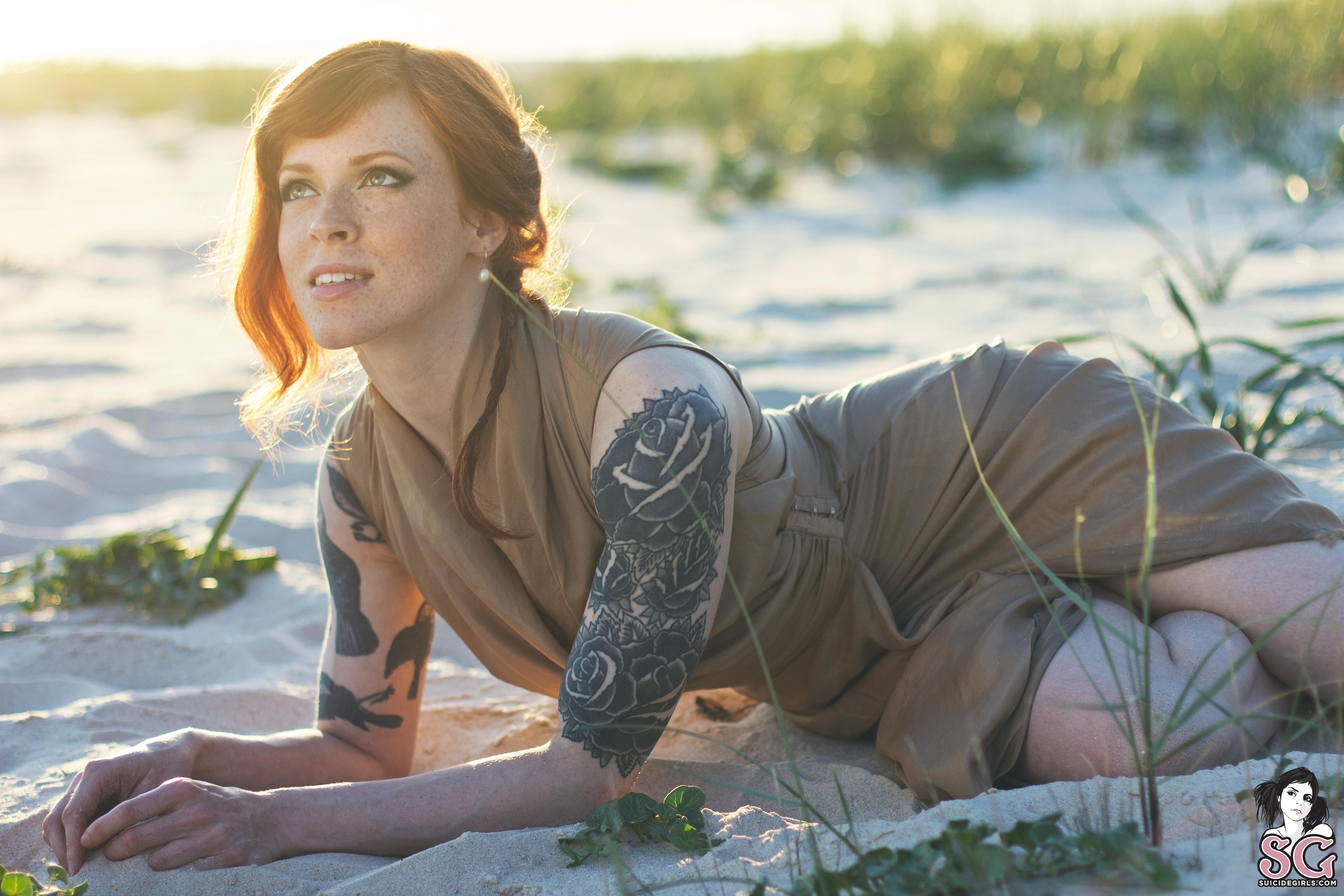 Suicide Girls, AnnaLee Suicide, Tattoo, Redhead, Lying Down Wallpaper