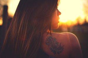 women, Brunette, Tattoo, Sunset