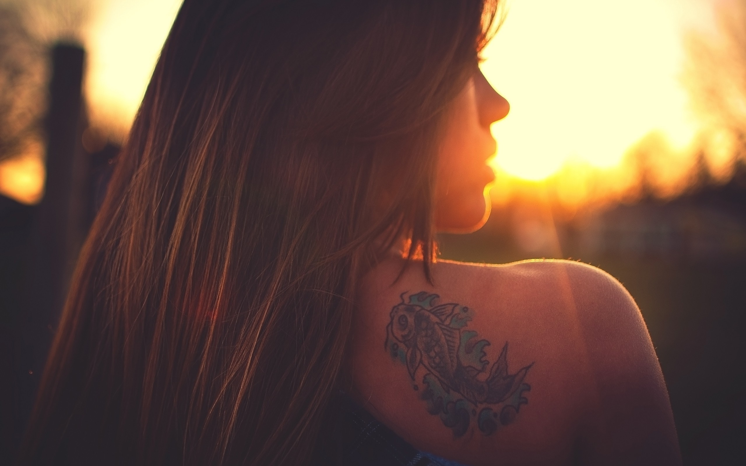 women, Brunette, Tattoo, Sunset Wallpaper