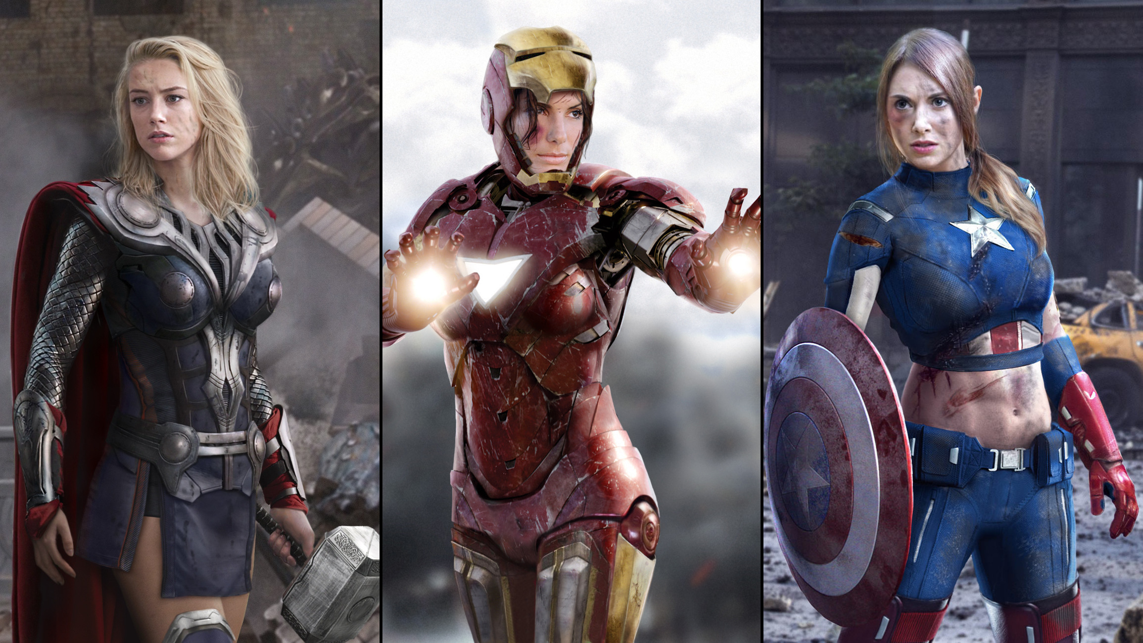 Amber Heard, Blonde, Blue Eyes, Alison Brie, Captain America, Sandra Bullock, Iron Man, Thor, Face, Women Wallpaper