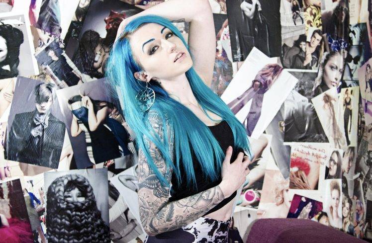 Suicide Girls, Tattoo, Blue Hair, Poster, Hands On Head HD Wallpaper Desktop Background