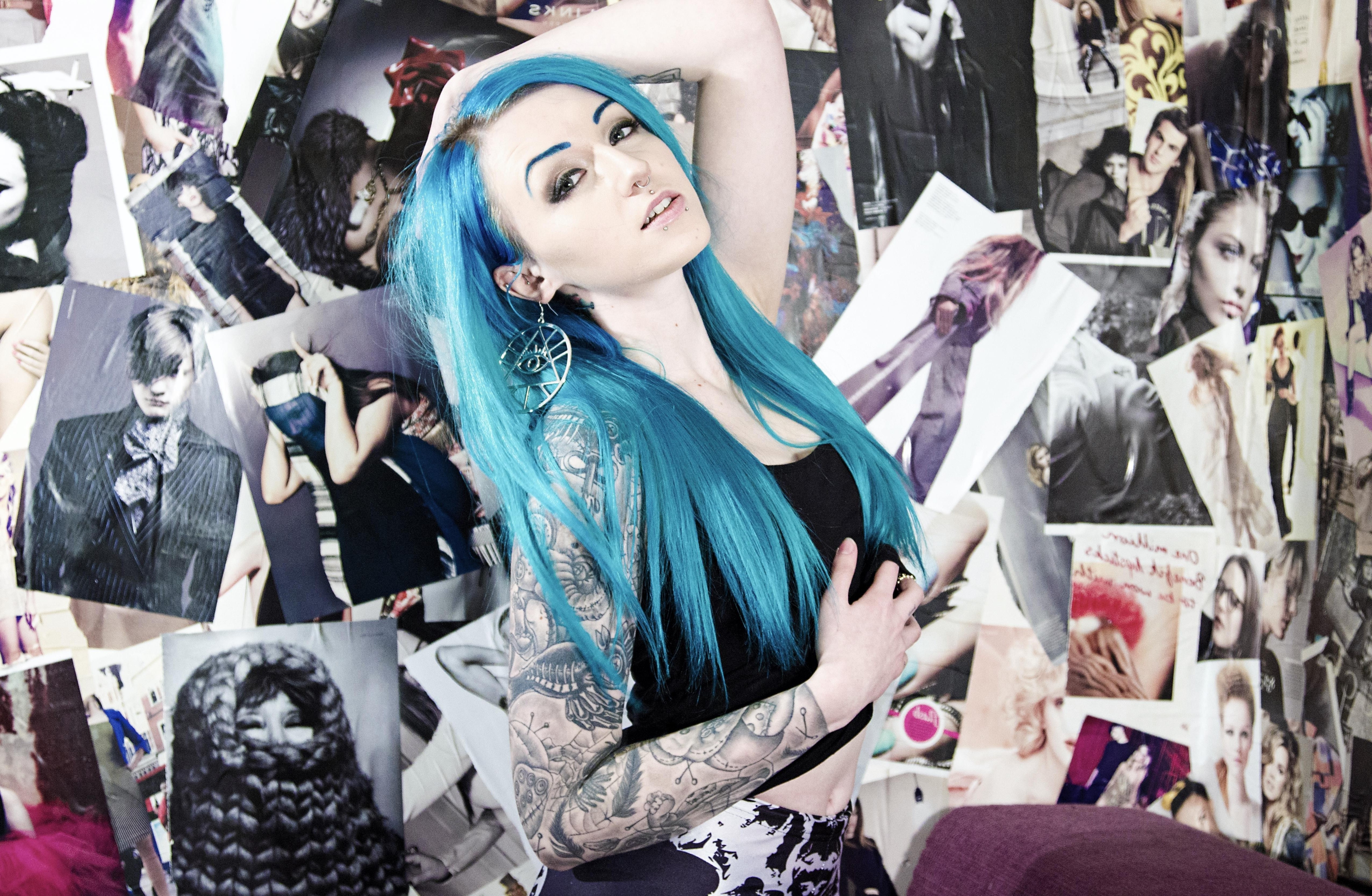 Suicide Girls, Tattoo, Blue Hair, Poster, Hands On Head Wallpaper