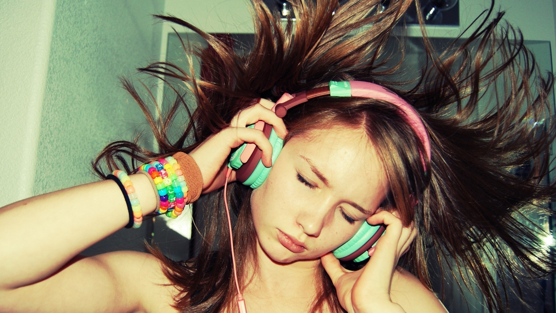 music, Headphones, Brunette, Closed Eyes Wallpaper