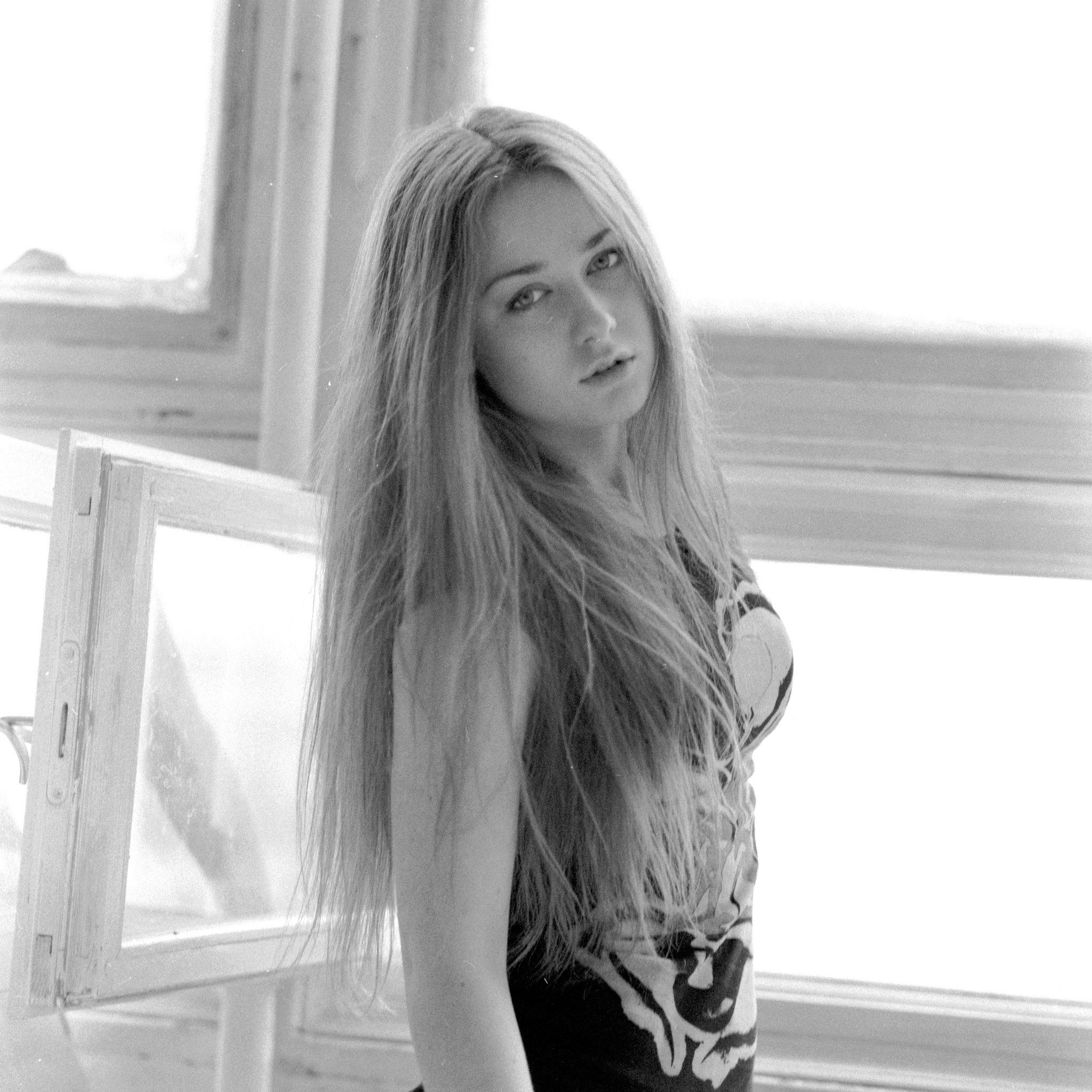 Ingrid Olerinskaya, Monochrome, Long Hair, Window Wallpaper