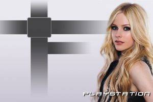 Avril Lavigne, Blonde, Black Dress, Blue Eyes, Simple Background, PlayStation 3