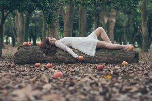women, Forest, Lying Down, Apples, Redhead