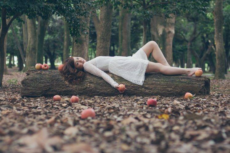 women, Forest, Lying Down, Apples, Redhead HD Wallpaper Desktop Background